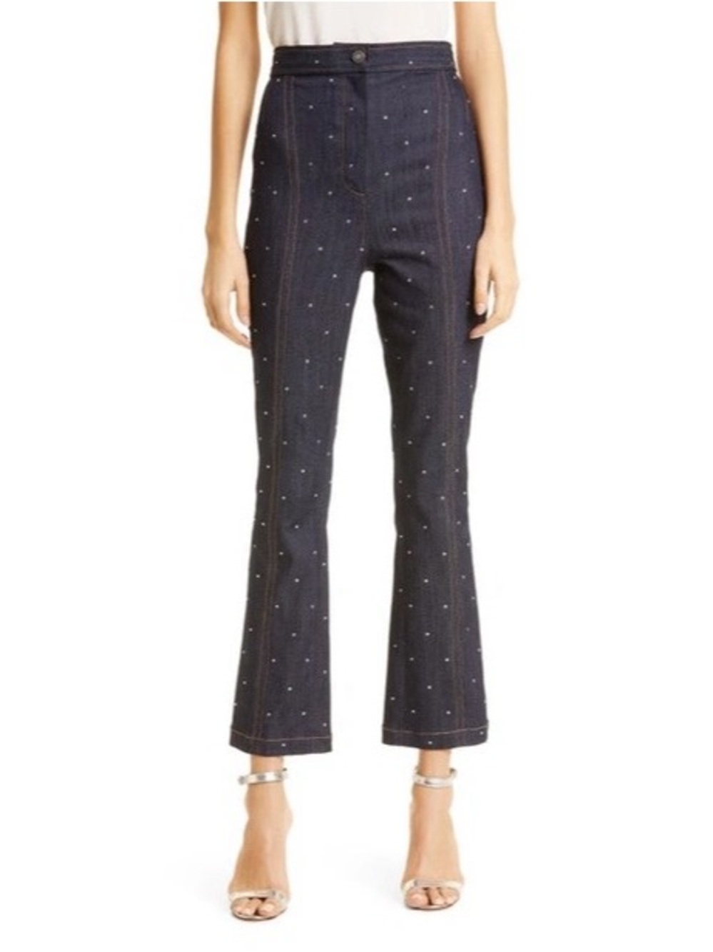 Cinq Á Sept Ora Ditsy Rhinestone Cropped Bootcut Denim Pants In Indigo Size 0